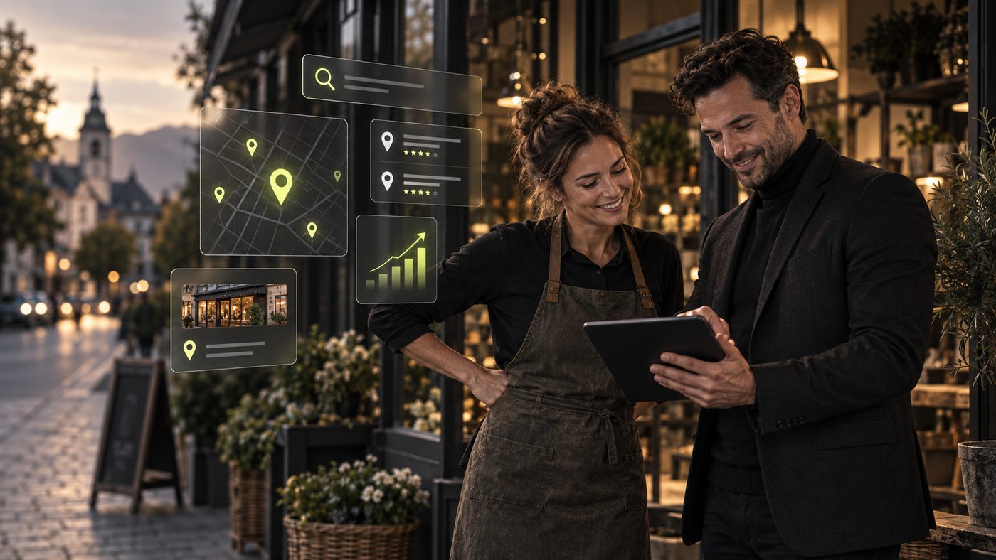 Unternehmerin und Berater betrachten auf einem Tablet die lokale Sichtbarkeit eines Geschäfts